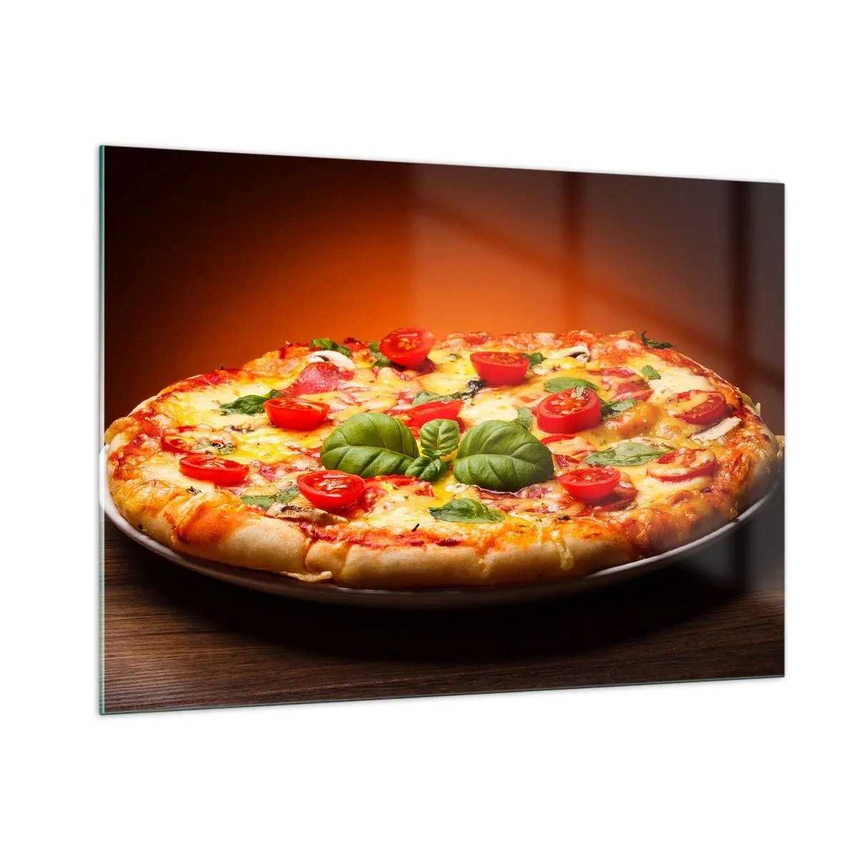 Impression sur verre - Image sur verre - Pizza aux tomates, basilic et fromage fondu - 100x70cm - Mamma mia! - Décoration murale moderne pour le salon et la chambre ARTTOR