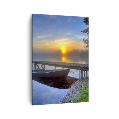 Impression sur toile - Image sur toile - Une jetée au bord du lac au lever du soleil avec un bateau sur le rivage - 70x100cm - Comment l'ordinaire se transforme en magie - Décoration murale moderne pour le salon et la chambre ARTTOR