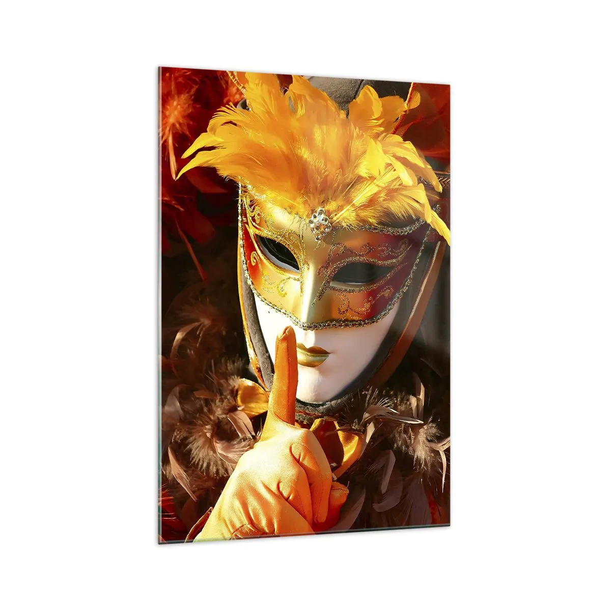 Impression sur verre - Image sur verre - Masque de carnaval aux tons or et orange - 70x100cm - Le secret est une partie du jeu - Décoration murale moderne pour le salon et la chambre ARTTOR