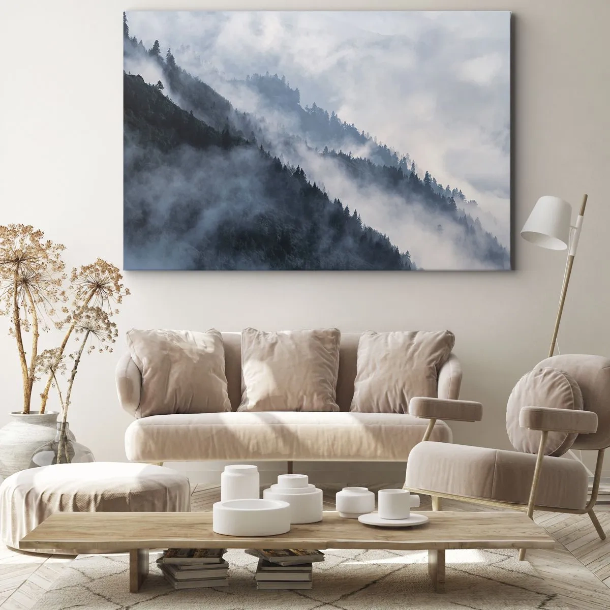 Impression sur toile - Image sur toile - Le brouillard plane sur les flancs boisés des montagnes dans un paysage mystérieux - 70x50cm - Mysticisme des montagnes - Décoration murale moderne pour le salon et la chambre ARTTOR