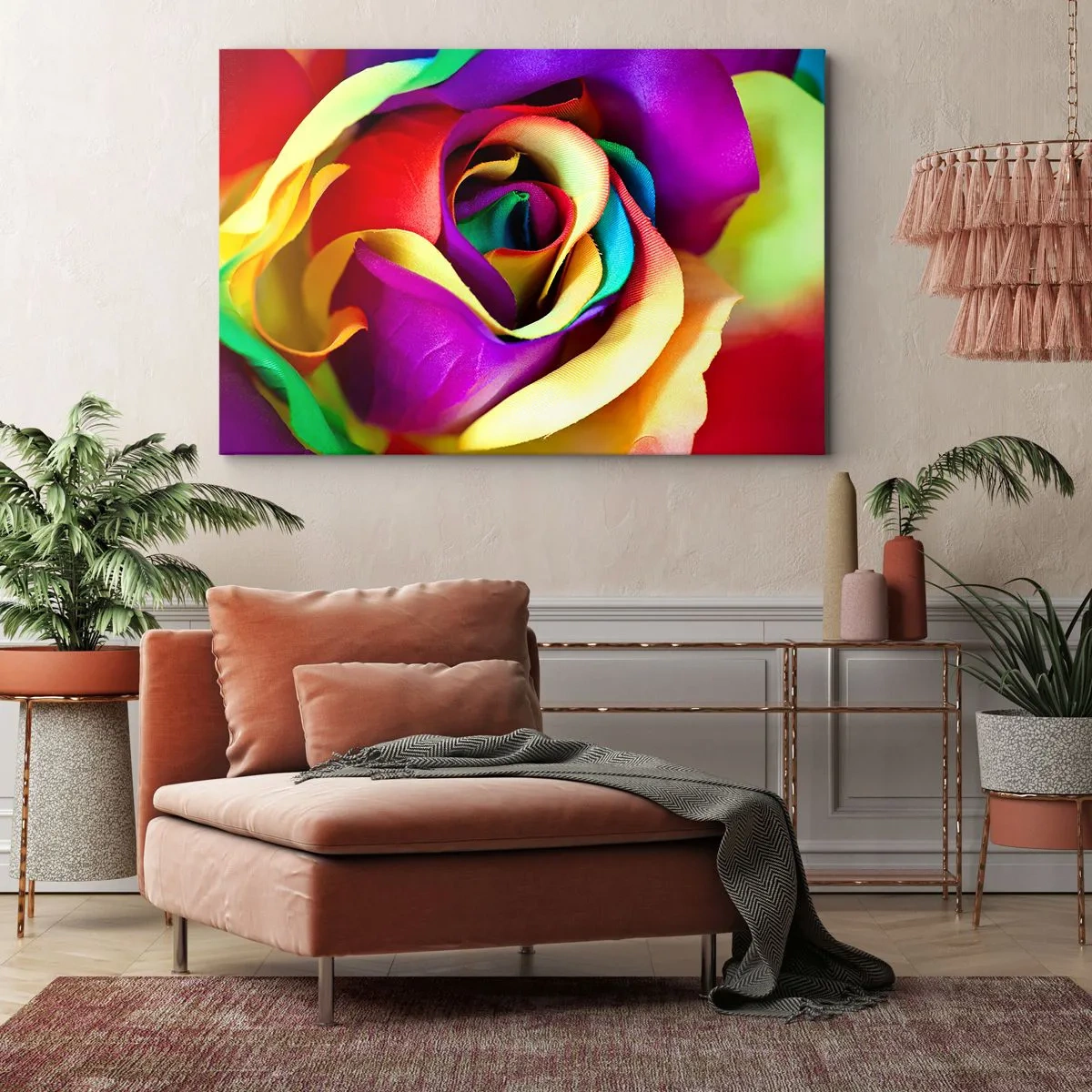 Impression sur toile - Image sur toile - Une rose colorée aux nuances de l'arc-en-ciel - 70x50cm - Ce n'est pas possible - Décoration murale moderne pour le salon et la chambre ARTTOR