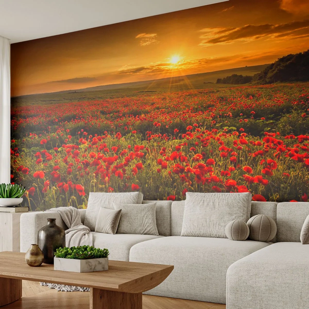Papier Peint Photo Premium Canvas - Un champ de coquelicots rouges dans la lueur du soleil couchant - 100x70cm - Parmi les vagues des prairies bruissantes, parmi les fleurs du déluge - Décoration murale moderne pour le salon et la chambre ARTTOR
