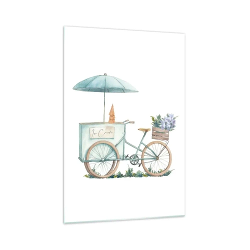 Impression sur verre - Image sur verre - Un vélo avec de la glace et des fleurs sous un parapluie aux couleurs pastel délicates - 70x100cm - Doux souvenir d'été - Décoration murale moderne pour le salon et la chambre ARTTOR
