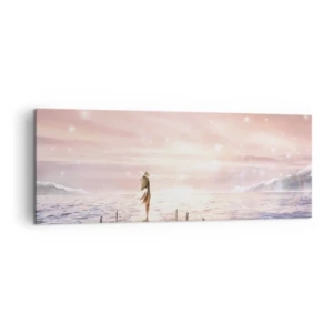 Impression sur toile - Image sur toile - Une femme sur une jetée dans un décor de coucher de soleil magique - 140x50cm - A la lumière d'un rêve - Décoration murale moderne pour le salon et la chambre ARTTOR