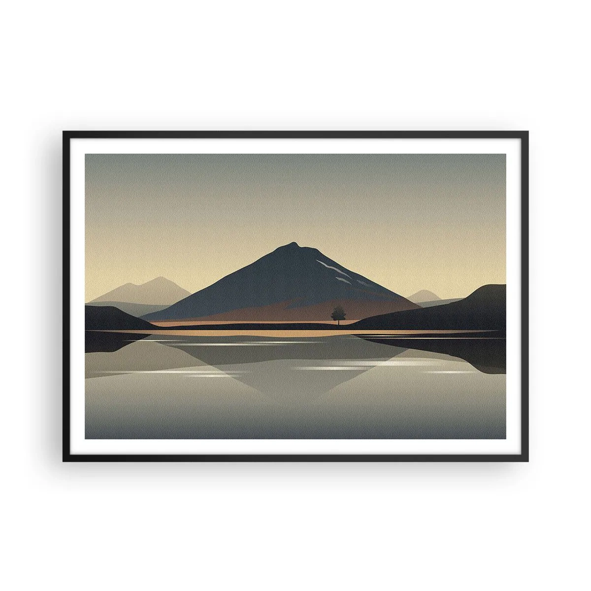 Affiche dans un cadre noir - Poster - Paysage de montagne minimaliste avec reflet dans l'eau - 100x70cm - Reflet de miroir - Décoration murale moderne pour le salon et la chambre ARTTOR