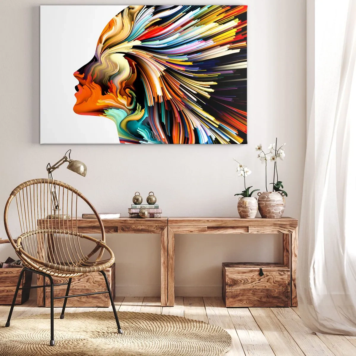 Impression sur toile - Image sur toile - Profil de visage abstrait avec des lignes dynamiques colorées. - 120x80cm - Une explosion d'imaginaire - Décoration murale moderne pour le salon et la chambre ARTTOR