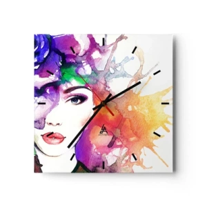 Horloge murale - Pendule murale - Portrait d'une femme aux couleurs aquarelles avec des taches abstraites - 30x30cm - Avec la tête dans les nuages - Décoration murale moderne pour le salon et la chambre ARTTOR