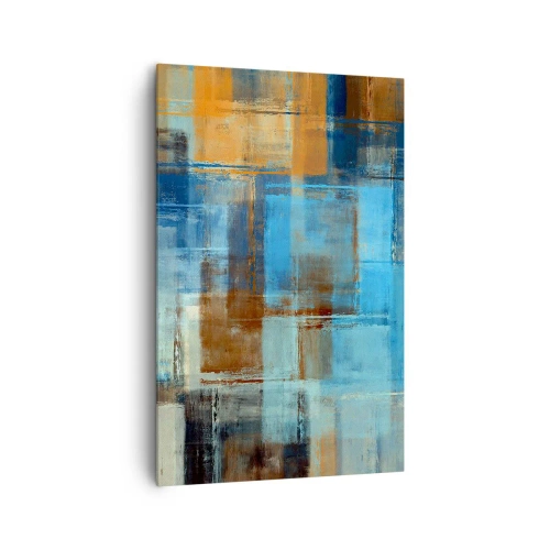 Impression sur toile - Image sur toile - Composition géométrique abstraite dans les tons de bleu et de marron - 80x120cm - A travers le voile bleu - Décoration murale moderne pour le salon et la chambre ARTTOR
