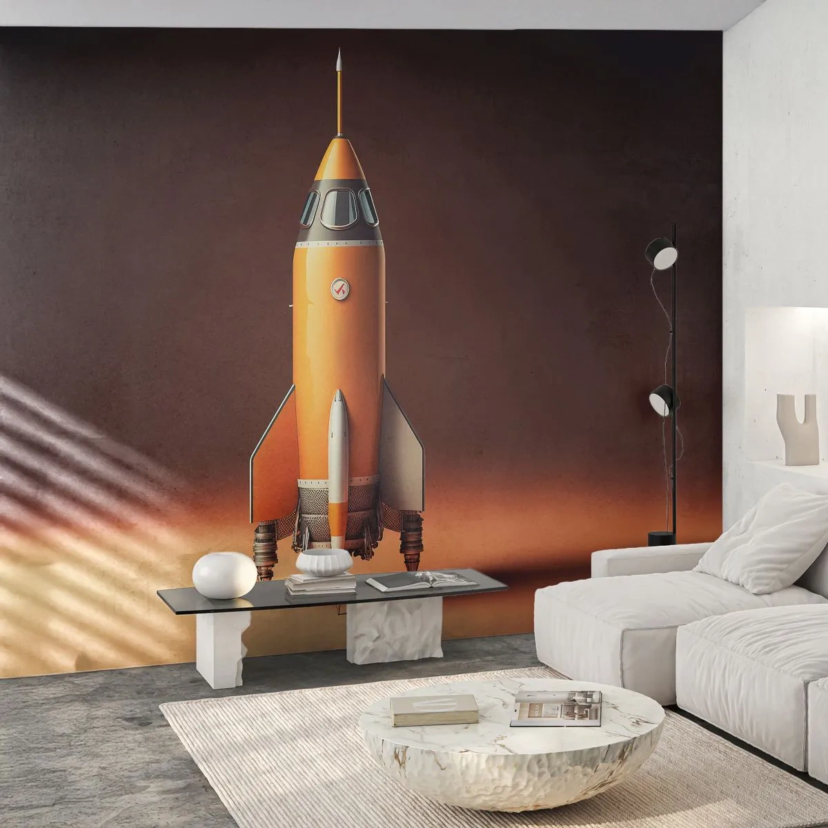 Papier Peint Photo Premium Sand - Fusée orange sur fond marron dans un style rétro - 100x70cm - Ça commence par un rêve - Décoration murale moderne pour le salon et la chambre ARTTOR