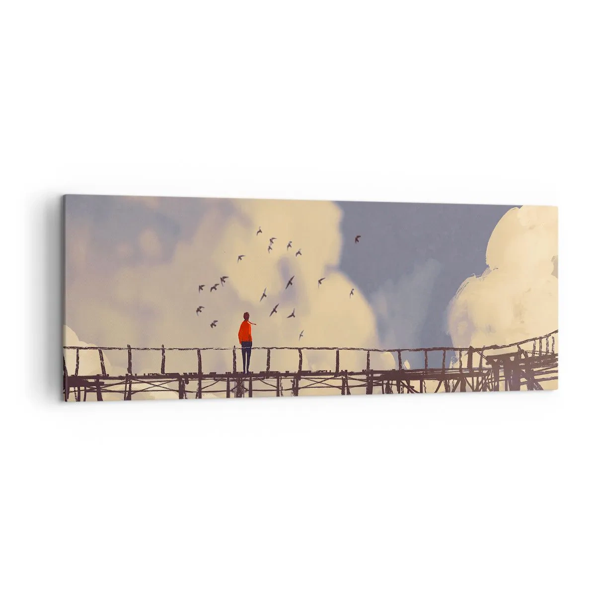 Impression sur toile - Image sur toile - Une silhouette sur un pont parmi les nuages avec des oiseaux dans le ciel - 140x50cm - Bleu nostalgie - Décoration murale moderne pour le salon et la chambre ARTTOR