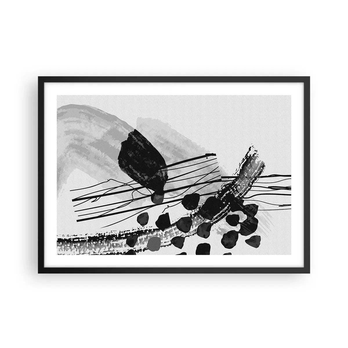 Affiche dans un cadre noir - Poster - Composition abstraite en noir et blanc avec des formes organiques - 70x50cm - Abstraction organique noir et blanc - Décoration murale moderne pour le salon et la chambre ARTTOR
