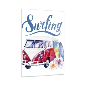 Impression sur verre - Image sur verre - Thème surf avec van et planches - 50x70cm - Concombre - un classique pour un surfeur - Décoration murale moderne pour le salon et la chambre ARTTOR
