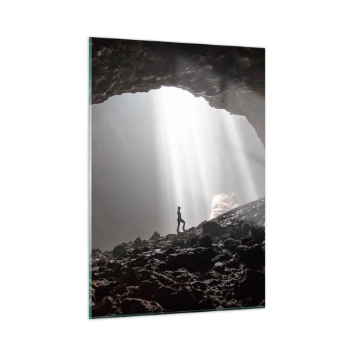 Impression sur verre - Image sur verre - Une figure dans une grotte éclairée par des rayons de lumière, entourée de rochers sombres - 50x70cm - Grotte lumineuse - Décoration murale moderne pour le salon et la chambre ARTTOR