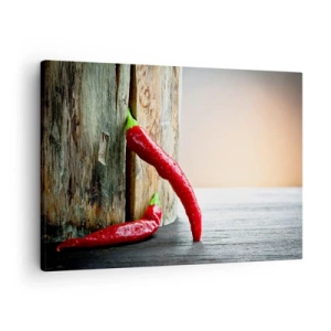 Impression sur toile - Image sur toile - Deux piments rouges sur un fond en bois avec un accent rustique - 70x50cm - Red hot chili peppers - Décoration murale moderne pour le salon et la chambre ARTTOR
