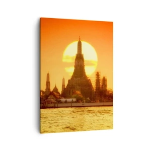 Impression sur toile - Image sur toile - Coucher de soleil sur le temple avec reflet dans l'eau - 50x70cm - Vers le soleil, toujours vers le soleil - Décoration murale moderne pour le salon et la chambre ARTTOR