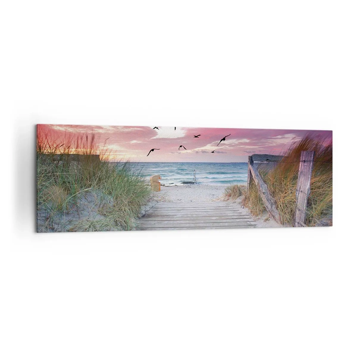 Impression sur toile - Image sur toile - Chemin en bois sur la plage au coucher du soleil rose - 160x50cm - Impression de la Baltique - Décoration murale moderne pour le salon et la chambre ARTTOR