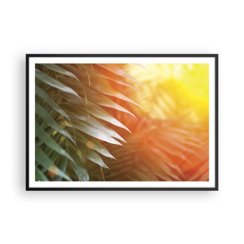 Affiche dans un cadre noir - Poster - Feuilles de palmier dans les rayons du soleil couchant - 100x70cm - Matinée dans la jungle - Décoration murale moderne pour le salon et la chambre ARTTOR