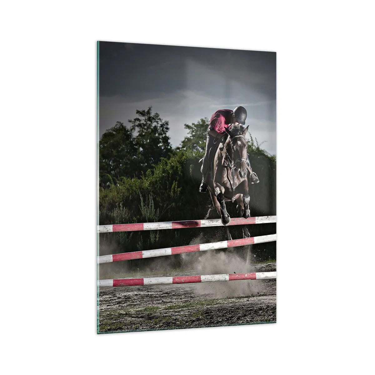 Impression sur verre - Image sur verre - Un cavalier sur un cheval sautant par-dessus un obstacle sur une piste de course - 70x100cm - Ensemble pour la victoire - Décoration murale moderne pour le salon et la chambre ARTTOR