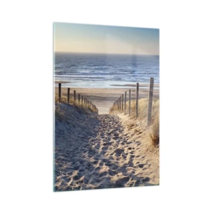 Impression sur verre - Image sur verre - Un chemin à travers les dunes menant à une plage avec une mer calme - 50x70cm - Le bruit de la mer, le chant des oiseaux, une plage sauvage parmi les herbes… - Décoration murale moderne pour le salon et la chambre 