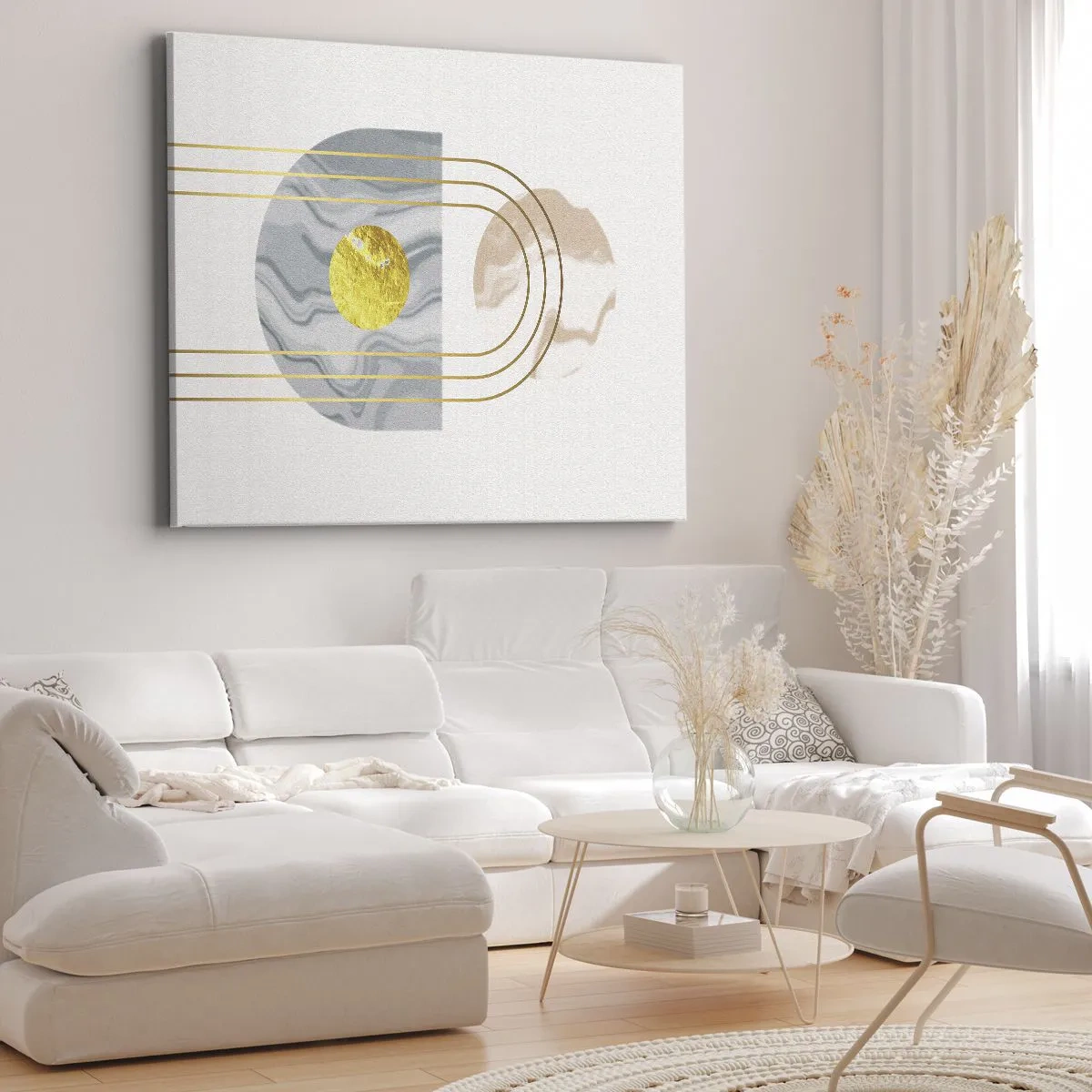 Impression sur toile - Image sur toile - Composition abstraite avec des cercles et des lignes dorées sur fond clair. - 70x50cm - Clareté et brillance - Décoration murale moderne pour le salon et la chambre ARTTOR