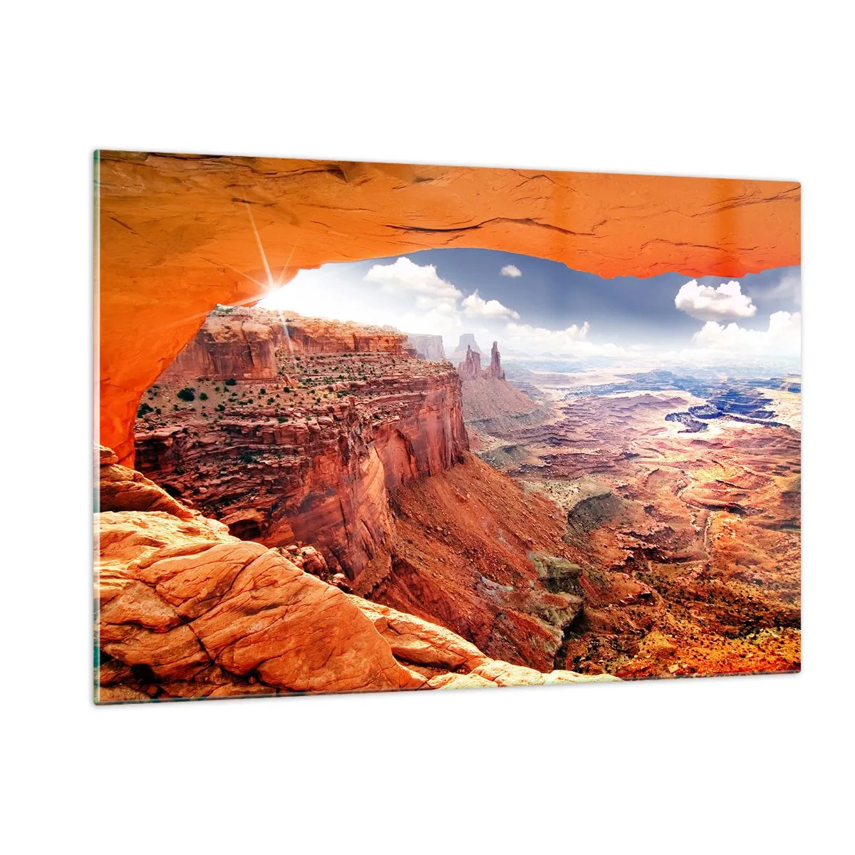 Impression sur verre - Image sur verre - Vue du canyon à travers une arche rocheuse avec les rayons du soleil - 120x80cm - Sculpté par la nature elle-même - Décoration murale moderne pour le salon et la chambre ARTTOR