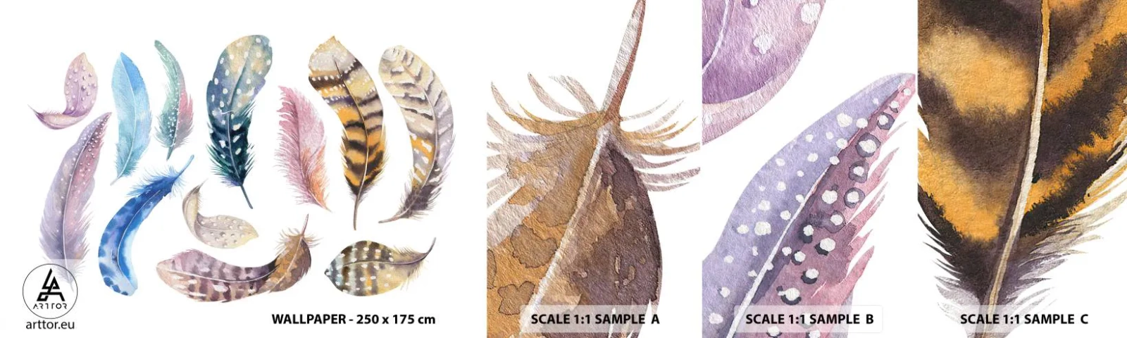 Échantillon De Papier Peint Standard Eco - Léger, bariolé et multicolore - Plumes d'oiseaux, Des oiseaux, Graphique - 100x30 cm