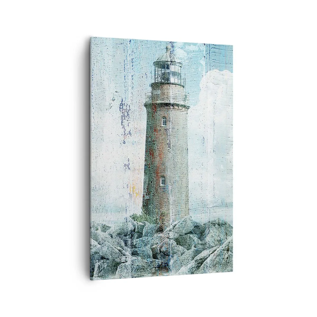 Impression sur toile - Image sur toile - Un phare sur une côte rocheuse aux couleurs pastel - 80x120cm - Sur du vieux bois - Décoration murale moderne pour le salon et la chambre ARTTOR