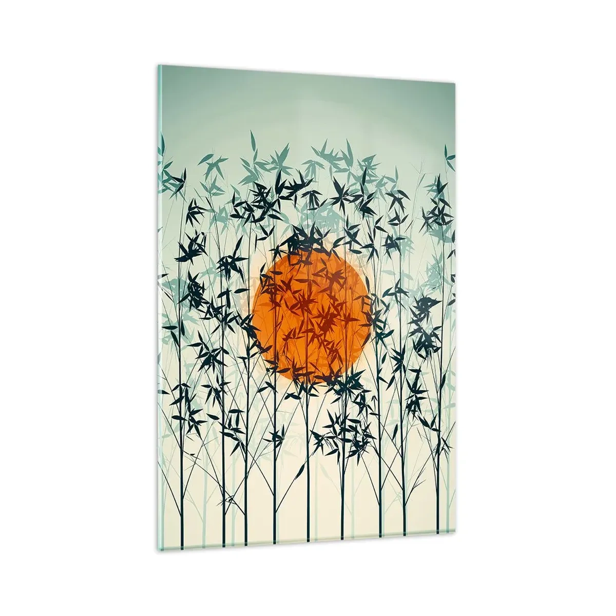 Impression sur verre - Image sur verre - Soleil orange parmi les branches de bambou - 80x120cm - Soleil japonnais - Décoration murale moderne pour le salon et la chambre ARTTOR