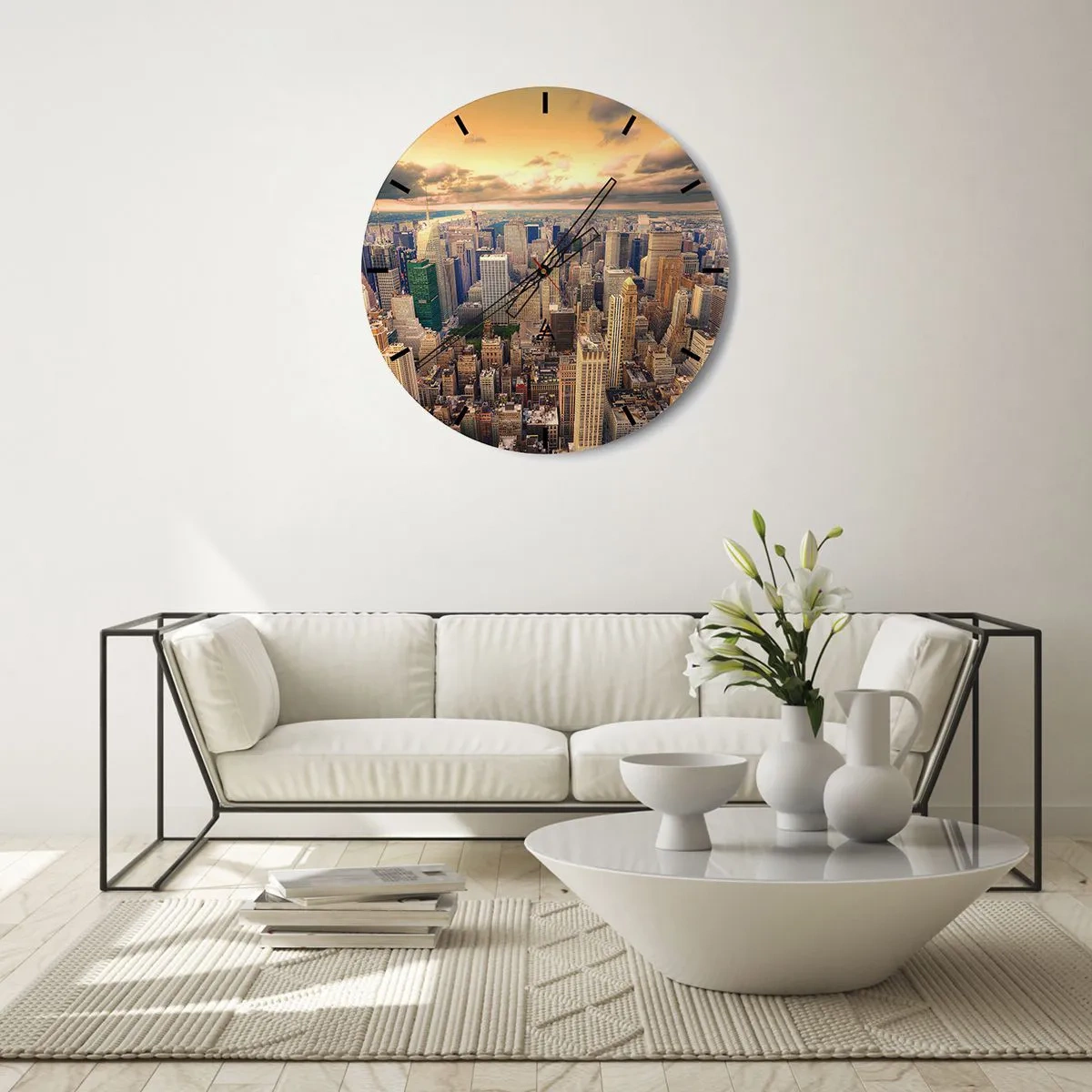 Horloge murale - Pendule murale - Panorama de la ville au coucher du soleil dans des tons chauds - 30x30cm - Métropole dorée - Décoration murale moderne pour le salon, la cuisine et la chambre ARTTOR