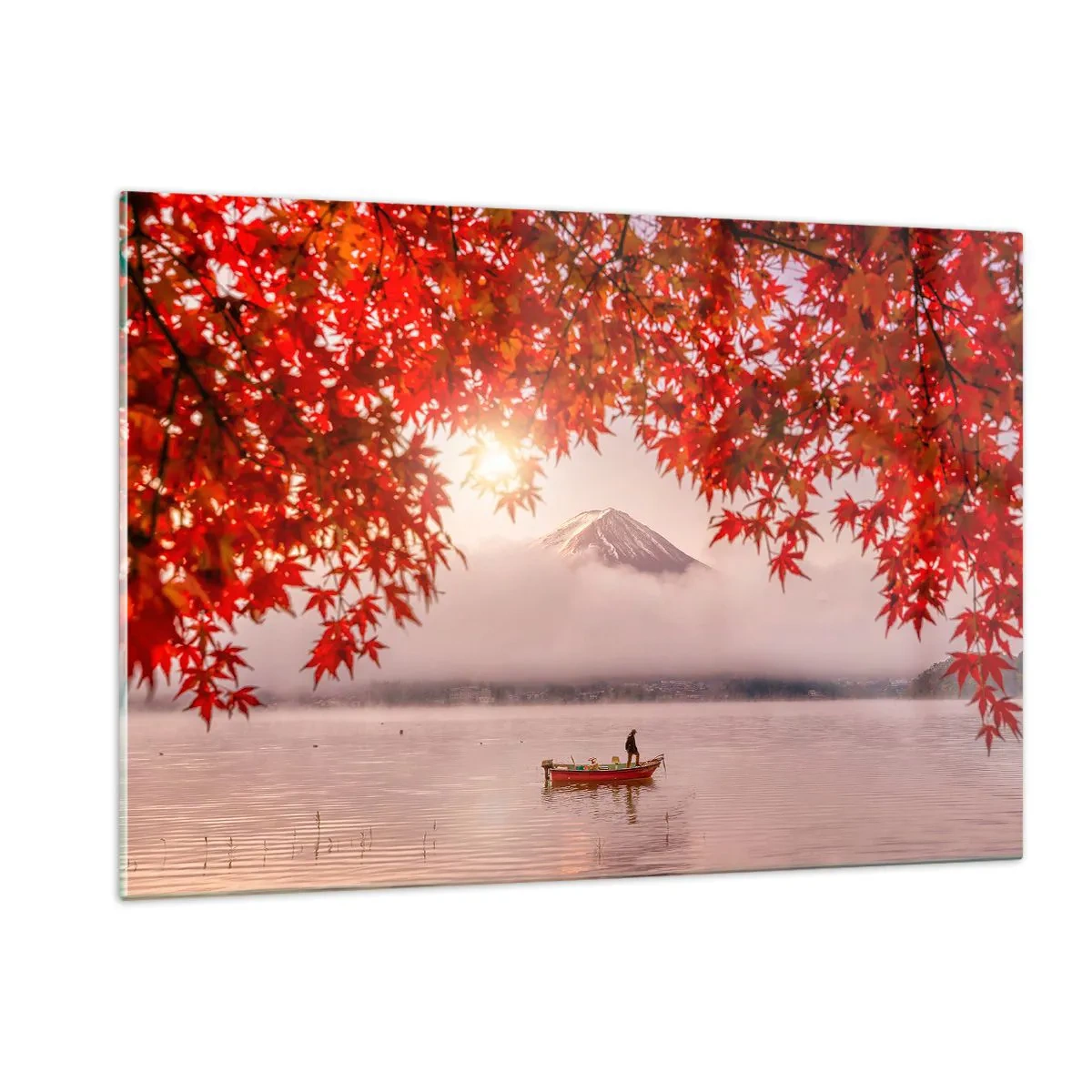 Impression sur verre - Image sur verre - Mont Fuji avec un bateau sur un lac entouré de feuilles rouges - 120x80cm - Dans le climat japonais - Décoration murale moderne pour le salon et la chambre ARTTOR