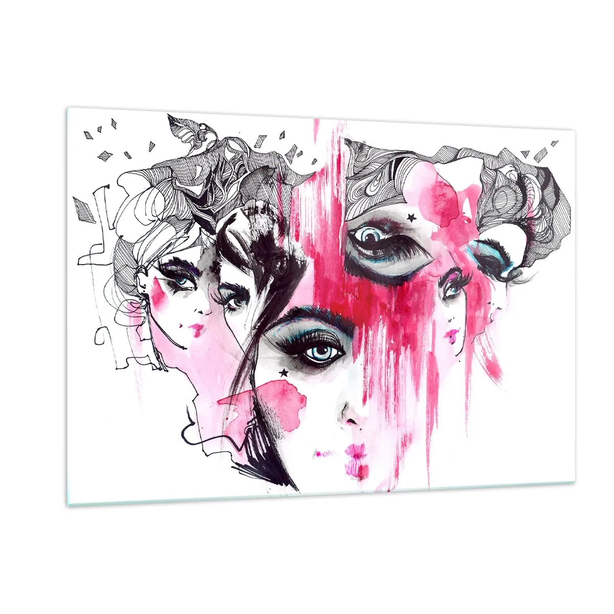 Impression sur verre - Image sur verre - Visages féminins abstraits avec des accents roses dans un style croquis. - 120x80cm - Yeux abstraits - Décoration murale moderne pour le salon et la chambre ARTTOR