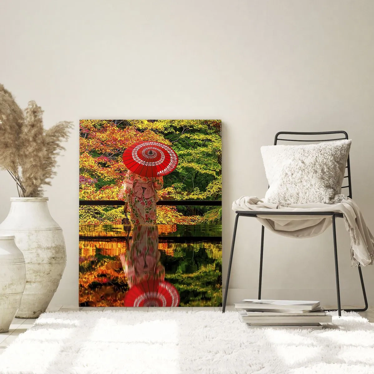 Impression sur verre - Image sur verre - Une femme en kimono avec un parapluie sur fond de paysage d'automne. - 80x120cm - Dans le temple de la nature - Décoration murale moderne pour le salon et la chambre ARTTOR