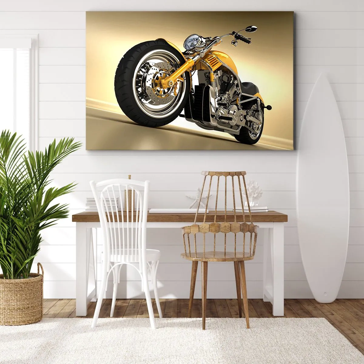 Impression sur toile - Image sur toile - Une moto jaune de style chopper contre un mur beige - 100x70cm - Un rêve de force et de vitesse - Décoration murale moderne pour le salon et la chambre ARTTOR