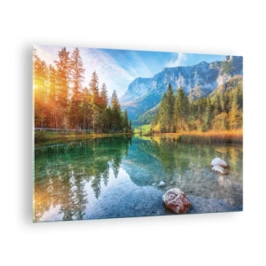 Impression sur verre - Image sur verre - Un lac de montagne entouré de forêt et de sommets majestueux - 70x50cm - Douceur automnale - Décoration murale moderne pour le salon et la chambre ARTTOR