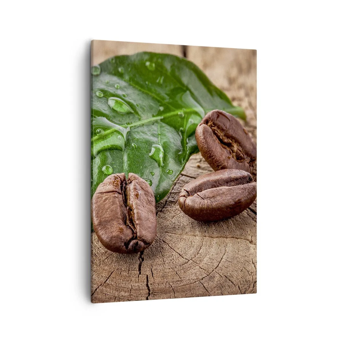 Impression sur toile - Image sur toile - Grains de café et feuille verte sur fond de bois - 50x70cm - La plus vraie et noire - Décoration murale moderne pour le salon et la chambre ARTTOR