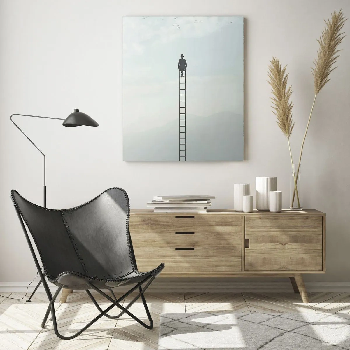 Impression sur verre - Image sur verre - Silhouette d'un homme au sommet d'une échelle dans les nuages - 50x70cm - Se soulever au-dessus - Décoration murale moderne pour le salon et la chambre ARTTOR