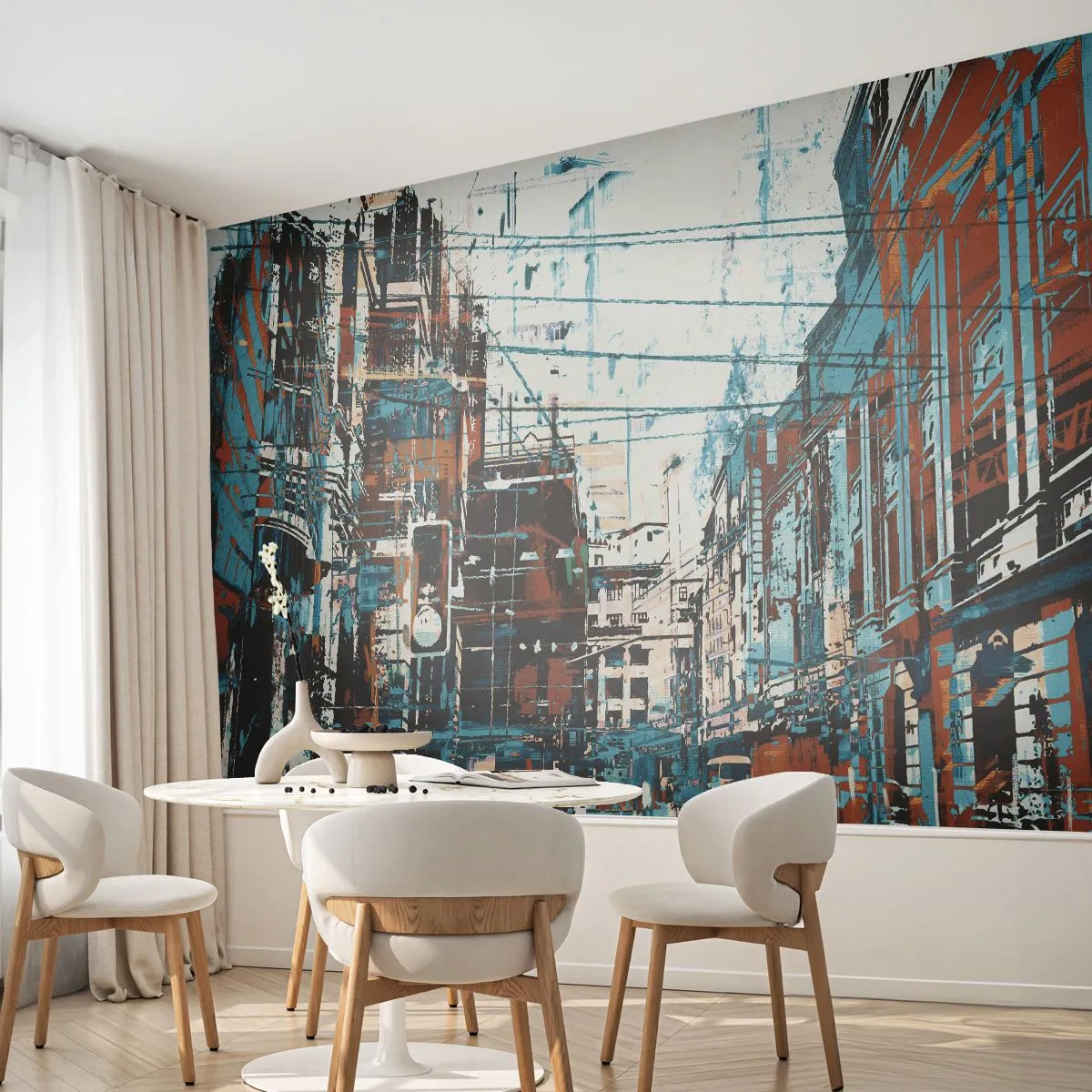 Papier Peint Photo Standard Eco - Panorama urbain abstrait dans les tons bleus et marron - 100x70cm - Un sentier de ville usé - Décoration murale moderne pour le salon et la chambre ARTTOR