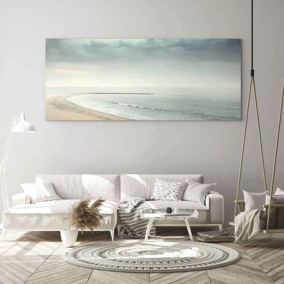 Impression sur verre - Image sur verre - Une silhouette solitaire sur une plage déserte au bord d'une mer calme - 120x50cm - à la recherche de la paix - Décoration murale moderne pour le salon et la chambre ARTTOR