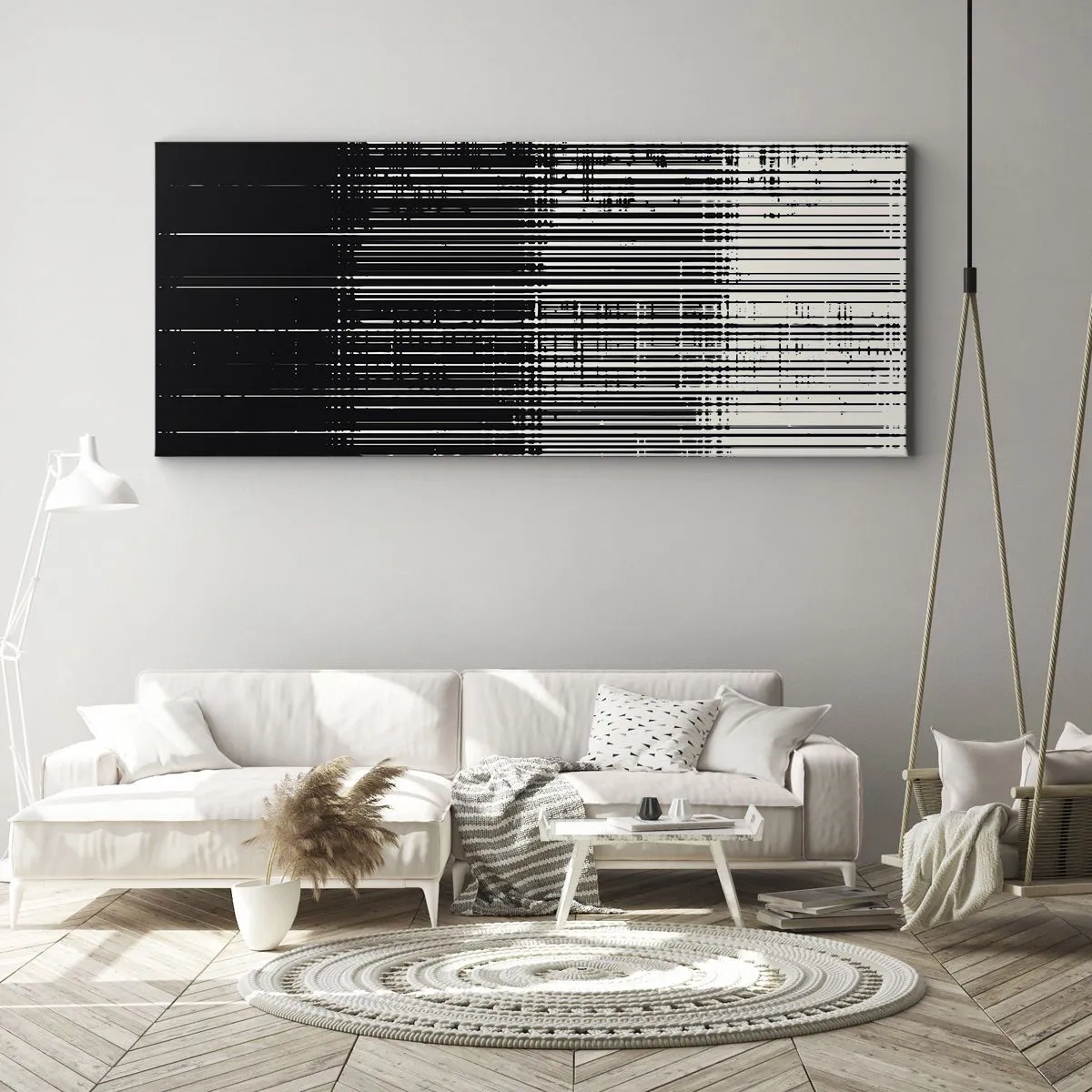 Impression sur toile - Image sur toile - Composition abstraite de lignes en noir et blanc contrastés - 120x50cm - Ondes et vibrations - Décoration murale moderne pour le salon et la chambre ARTTOR