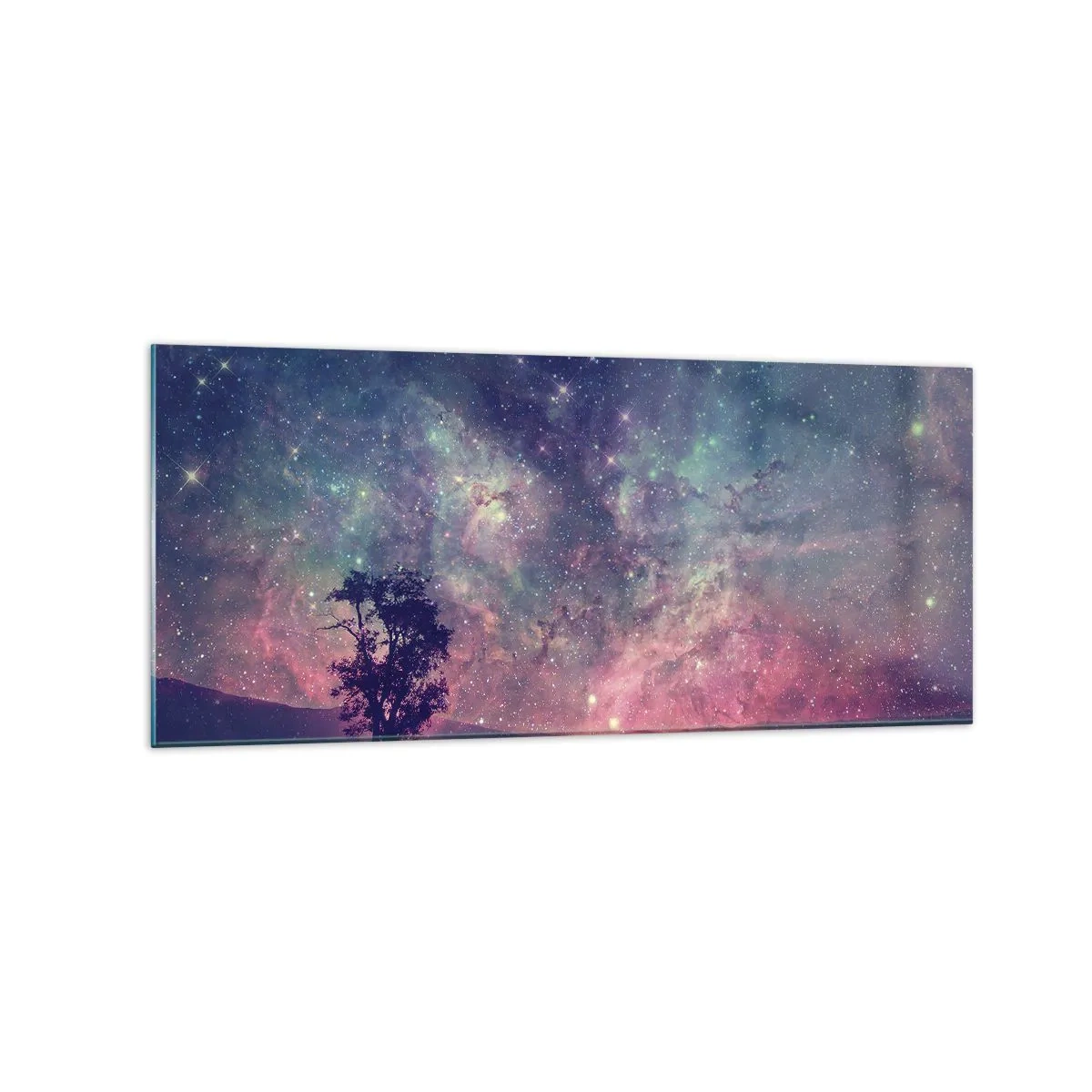 Impression sur verre - Image sur verre - Un arbre contre un ciel étoilé aux couleurs violettes et bleues - 120x50cm - Sous un ciel magique - Décoration murale moderne pour le salon et la chambre ARTTOR