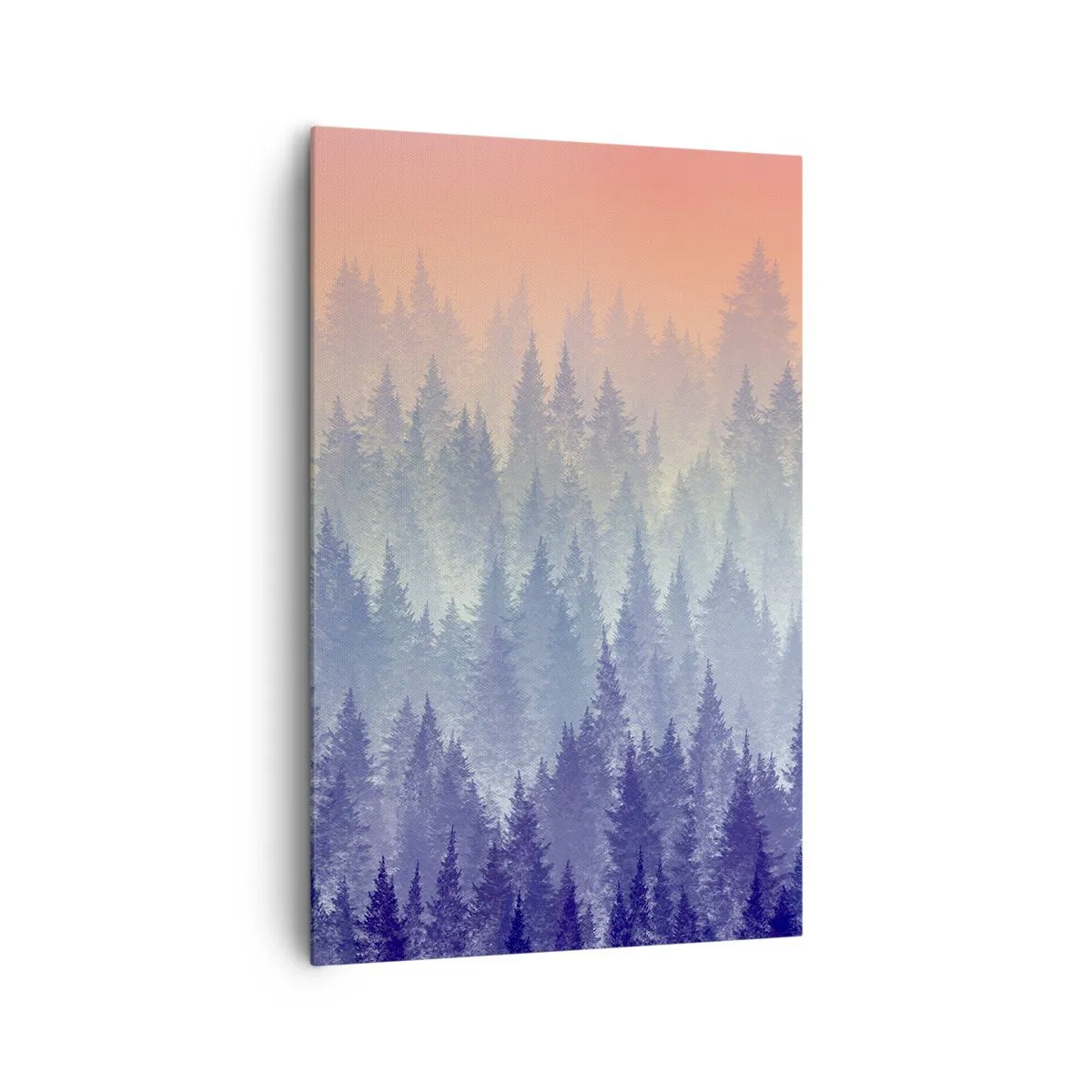 Impression sur toile - Image sur toile - Une forêt brumeuse aux tons violets et orange - 80x120cm - Haut, plus haut, vers le ciel - Décoration murale moderne pour le salon et la chambre ARTTOR