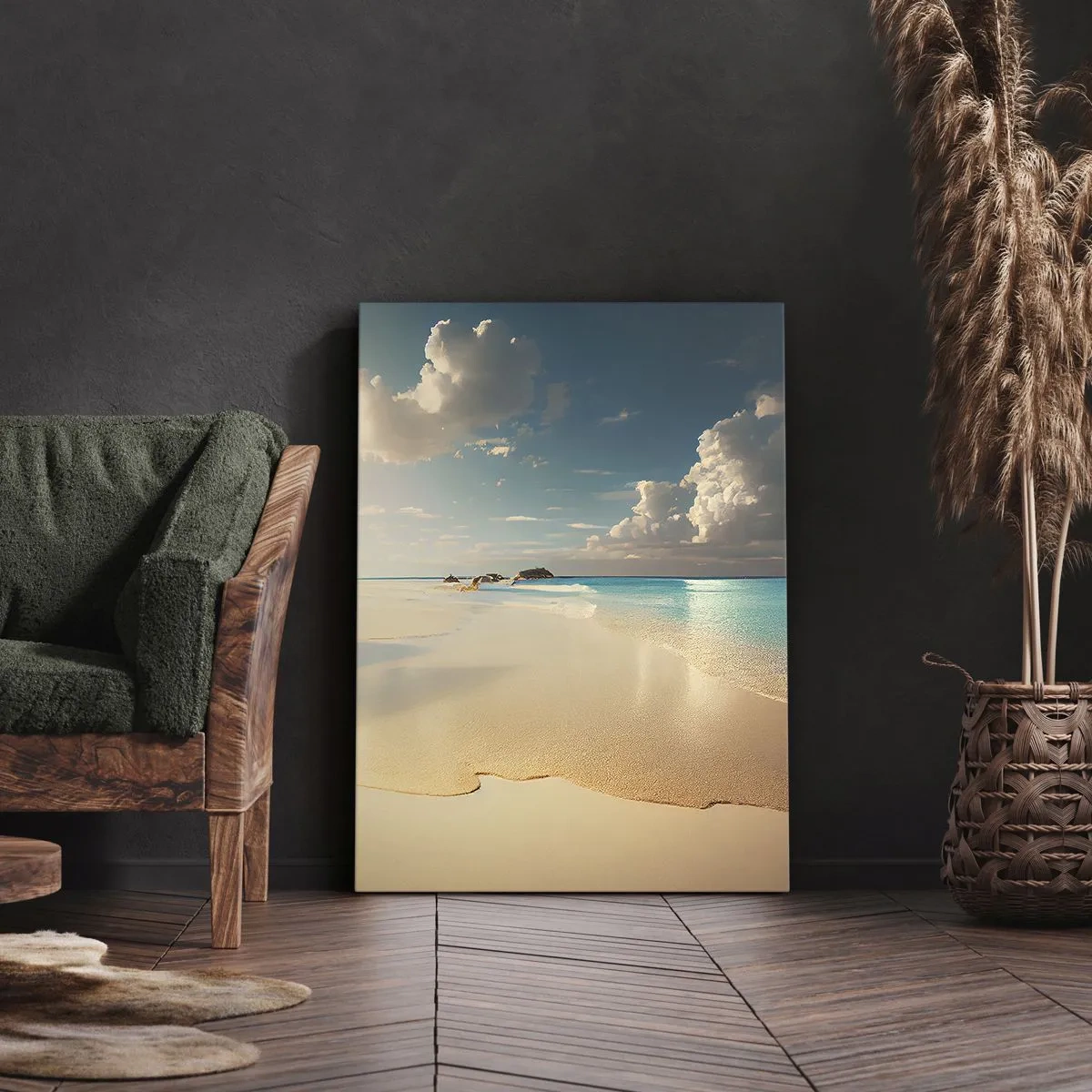Impression sur toile - Image sur toile - Une plage ensoleillée avec une mer bleue et des rochers - 50x70cm - Une journée de rêve - Décoration murale moderne pour le salon et la chambre ARTTOR