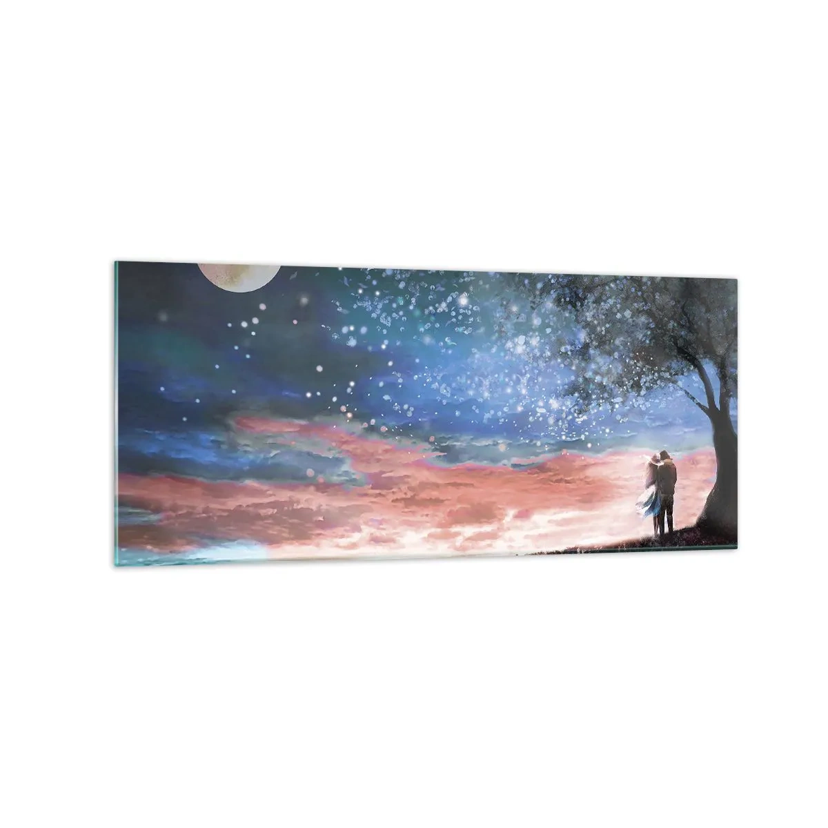 Impression sur verre - Image sur verre - Scène de couple romantique sous la pleine lune - 120x50cm - Spectacle étoilé - Décoration murale moderne pour le salon et la chambre ARTTOR