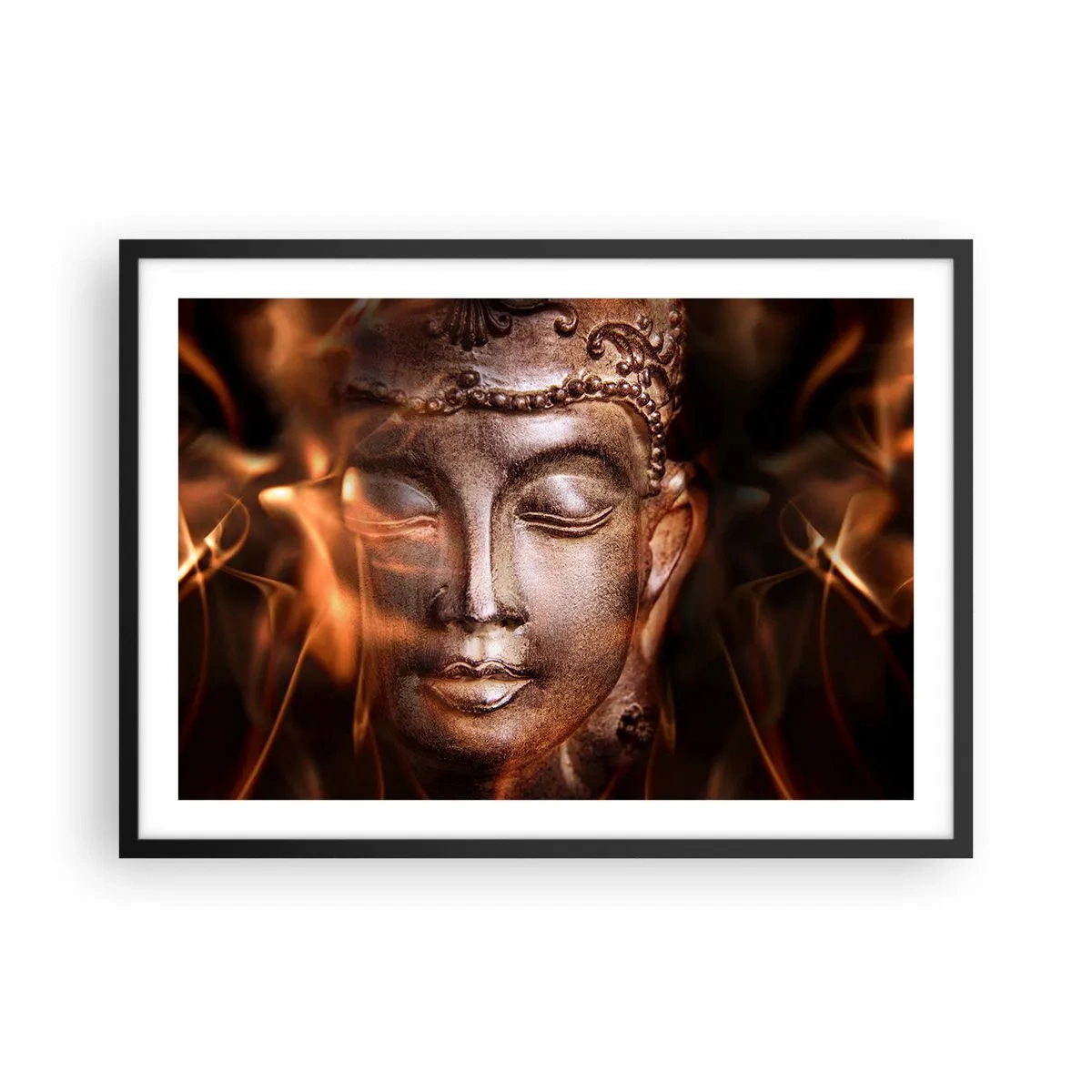 Affiche dans un cadre noir - Poster - Une statue de Bouddha au milieu de flammes aux teintes dorées - 70x50cm - Il n'existe qu'ici et maintenant - Décoration murale moderne pour le salon et la chambre ARTTOR