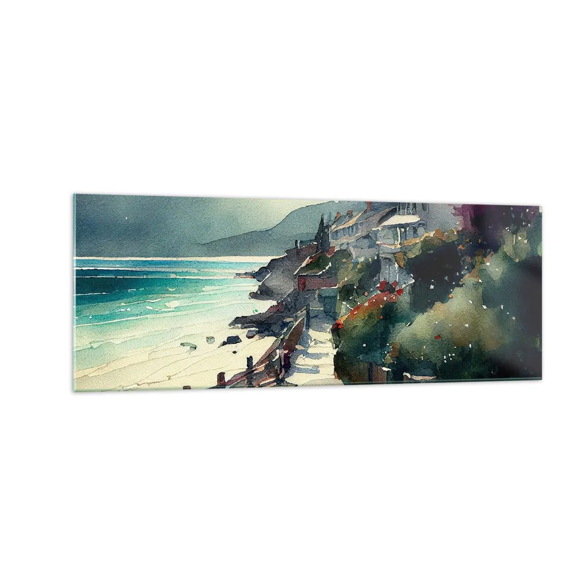 Impression sur verre - Image sur verre - Promenade en bord de mer avec maisons et végétation - 140x50cm - Ville méditerranéenne - Décoration murale moderne pour le salon et la chambre ARTTOR