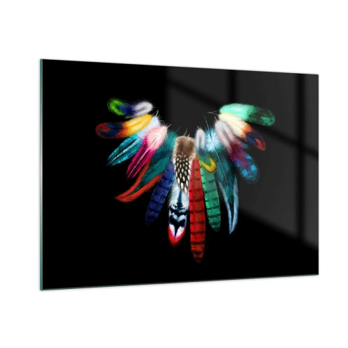 Impression sur verre - Image sur verre - Plumes colorées disposées en ailes sur fond noir - 100x70cm - Collier indien - Décoration murale moderne pour le salon et la chambre ARTTOR
