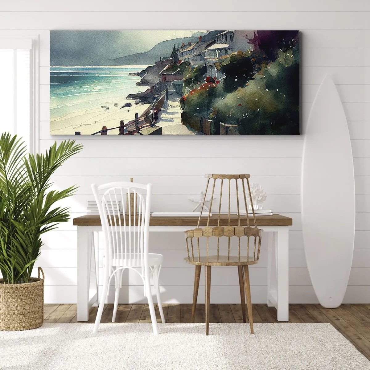 Impression sur toile - Image sur toile - Promenade en bord de mer avec maisons et végétation - 140x50cm - Ville méditerranéenne - Décoration murale moderne pour le salon et la chambre ARTTOR