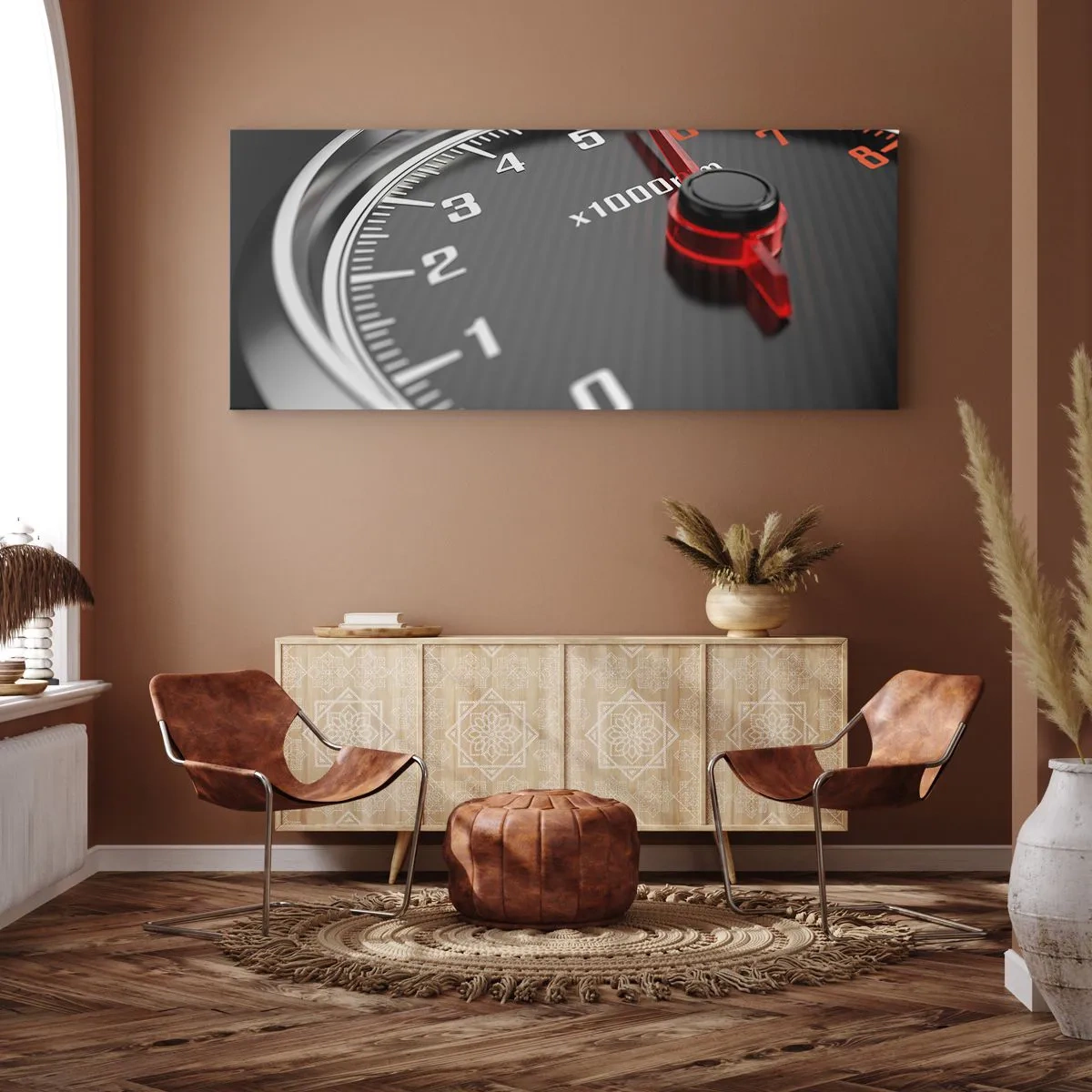 Impression sur toile - Image sur toile - Gros plan du tachymètre avec l'aiguille rouge - 120x50cm - Faites le plein - Décoration murale moderne pour le salon et la chambre ARTTOR
