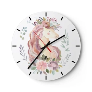 Horloge murale - Pendule murale - Tête de licorne aquarelle avec une couronne de fleurs - 30x30cm - Invitation au monde des contes de fées - Décoration murale moderne pour le salon, la cuisine et la chambre ARTTOR