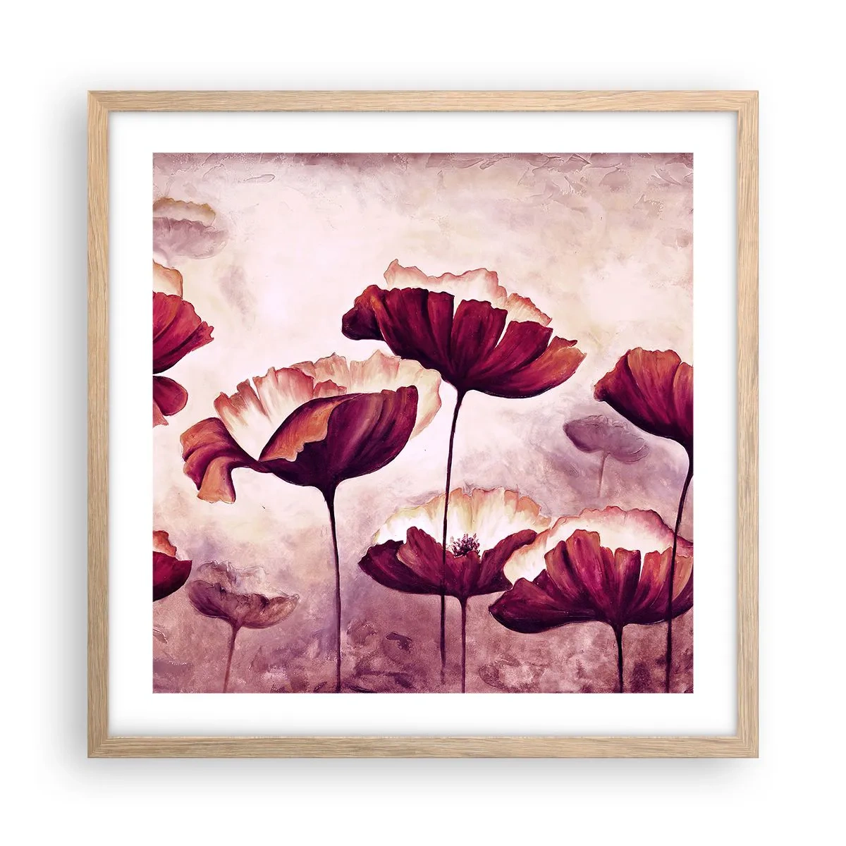 Affiche dans un chêne clair - Poster - Pétale rouge et blanc - 50x50 cm